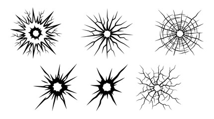 Obraz premium Set of black bullet hole silhouettes with shattered glass cracks on white background, perfect for crime scene graphics, action movie posters and insurance claim illustrations