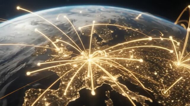 Digital Earth Rotating in Deep Space with Golden Light Trails and Connected Nodes for Corporate Global Networking Concept