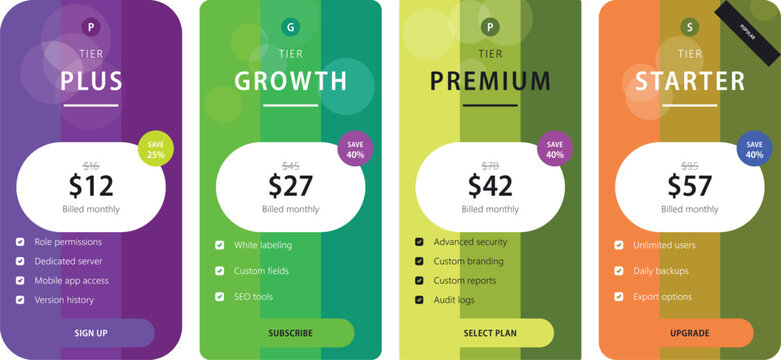 Mobile app subscription pricing cards design template Vector