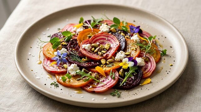 Fresh roasted beet salad with goat cheese nuts and edible flowers served on a round grey ceramic plate. roasted beet salad