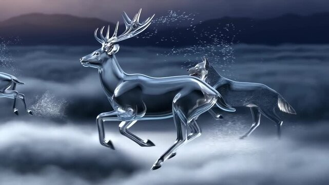 Majestic glass deer running through a sea of thick fog, smooth fluid motion, abstract tech and AI fluidity concept, cinematic 3D render animation loop with elegant copy space.