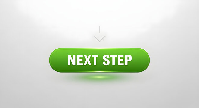 Green next step button with arrow, glossy 3D web interface element, modern call to action button for website navigation