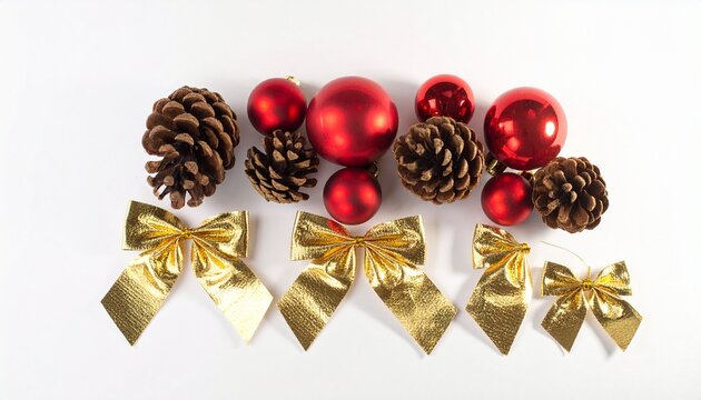 Christmas pinecones with red ornaments and gold bows.
