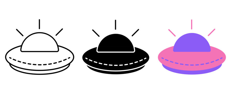 UFO spaceship and alien technology icon set in line icons, silhouette, and flat color styles