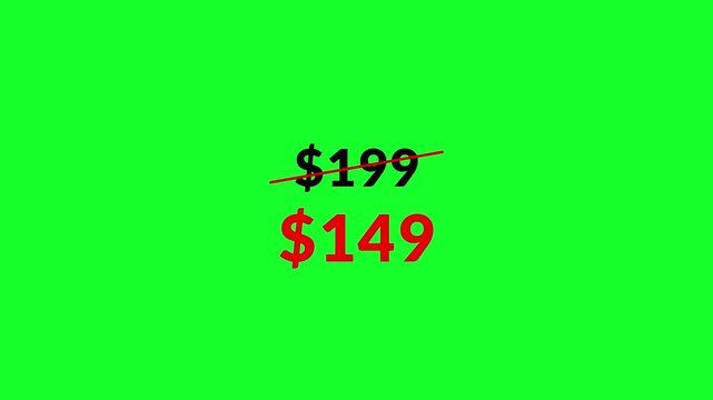 Animated Price cut strikethrough from 199 dollars to 149 dollars discount offer 4k animation with alpha channel price tag discount from 99 to 49 animated on transparent background