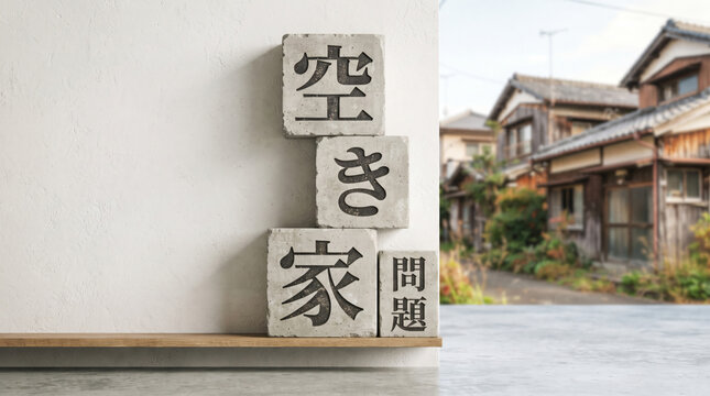 「空き家問題」の文字を刻んだブロックと古い民家の風景