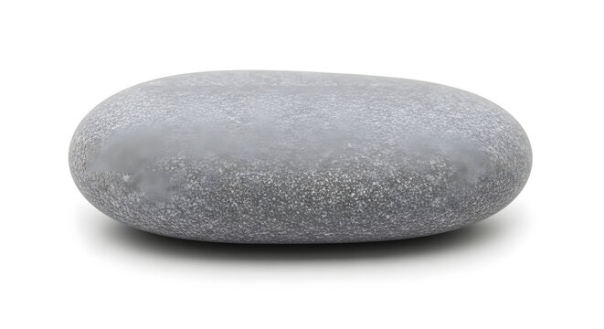 Smooth grey pebble on white background, round zen stone for spa and wellness, natural river rock with soft shadow