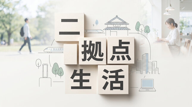 「二拠点生活」の文字を配置したデュアルライフや地方移住のイメージビジュアル