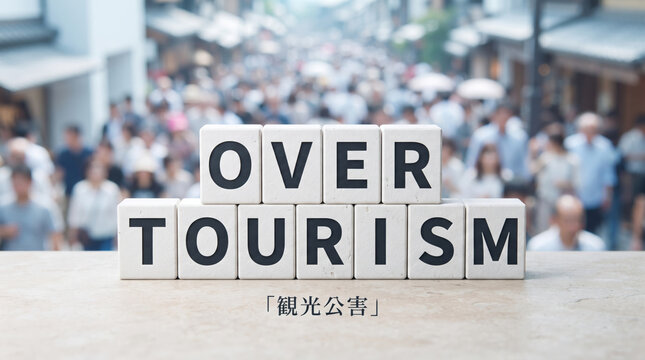 「観光公害」の文字を配置したオーバーツーリズム問題のイメージ画像
