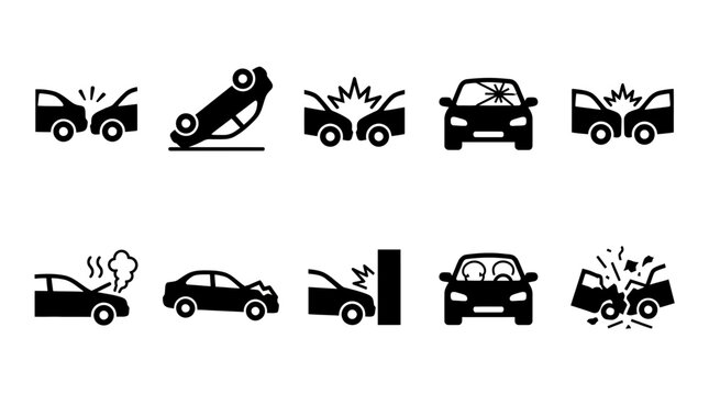 Set of car accident and vehicle crash icons showing collisions, rollovers and damage on white background, perfect for insurance claim reports, road safety campaigns and automotive repair services