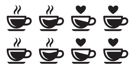 Fototapeta premium Set of minimalist coffee mug icons with rising steam and romantic hearts for creative cafe branding.