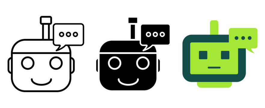 Robot chatting assistant bot icon set in line icons, silhouette, and flat color styles