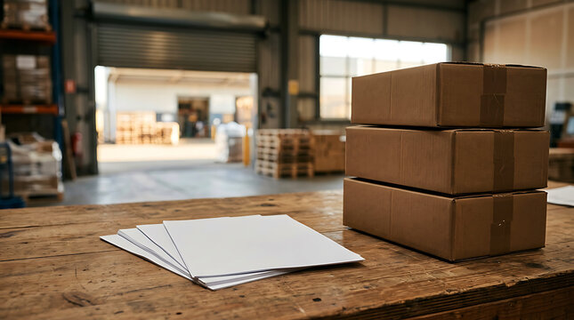 Stacked cardboard shipping boxes and paperwork on a wooden warehouse table