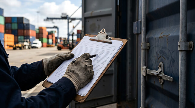 A dock worker holding a clipboard and checking a shipping container cargo