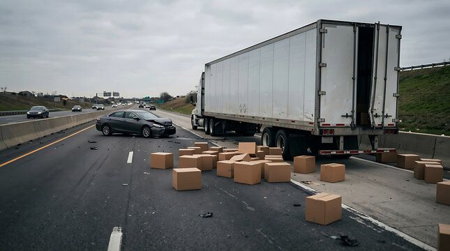 Semi truck highway accident with spilled cargo boxes and damaged car view