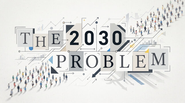 「2030年問題」の文字と人々の歩みを表現したビジネスコンセプト画像