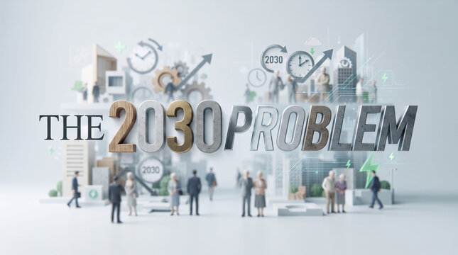 「2030年問題」の文字を配置した少子高齢化と労働力不足を表すビジネスコンセプト画像
