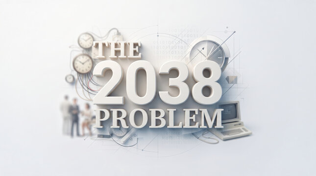 IT社会の危機を表現した「2038年問題」の文字と時計のCGコンセプトイラスト