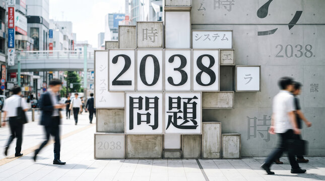「2038年問題」の文字を配置した都市風景のコンセプト画像