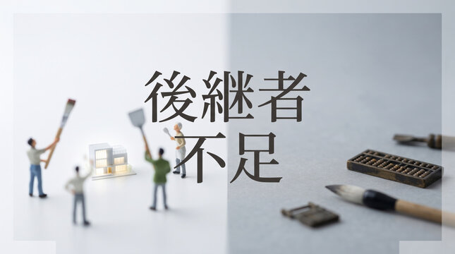 「後継者不足」の文字を配置した事業承継と職人技の継承問題の概念画像