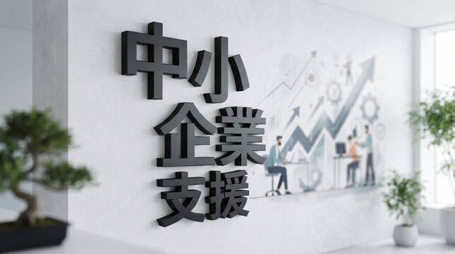 「中小企業支援」の文字を表示したオフィスの壁面とビジネスのイメージ