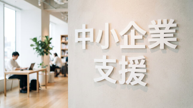 「中小企業支援」の文字を立体配置したオフィスのイメージ素材