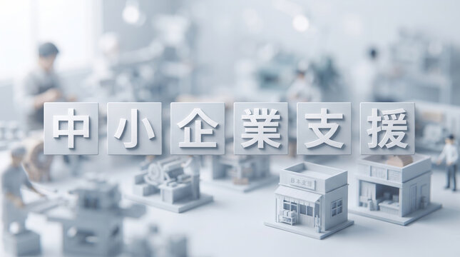 「中小企業支援」の文字を配置した製造業や町工場のジオラマ背景素材