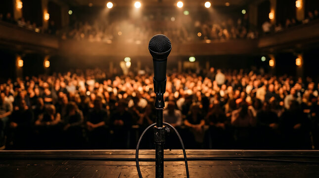 Microphone on stage facing a blurred audience in a large dark auditorium