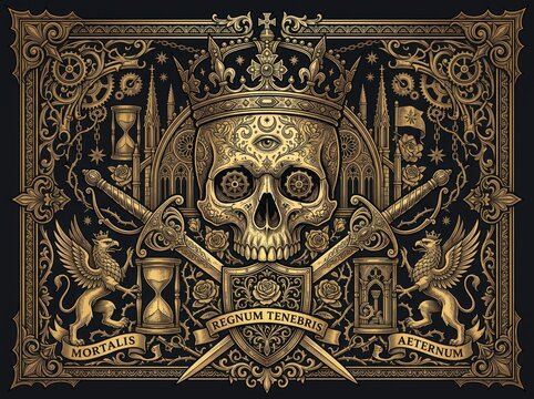Gothic gold royal skull crest with crown and hourglass engraving