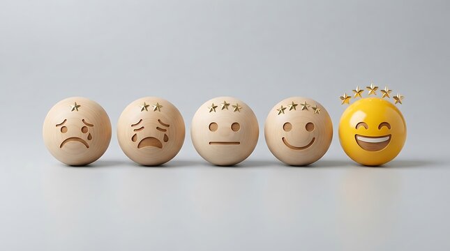 Emotion progression wooden spheres with happy face celebrating gratitude on neutral studio background