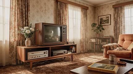 Vintage 1980s Living Room Interior with Old Television and Stereo Receiver