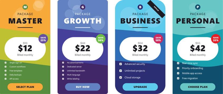Modern subscription plan cards with pricing and features Vector