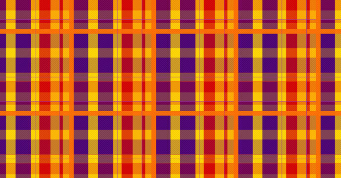 Vibrant plaid vector pattern, orange and purple tartan background, seamless checkered fabric texture for autumn fashion and textile design