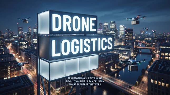 「DRONE LOGISTICS」の文字を描いたドローン配送とスマート物流の概念画像