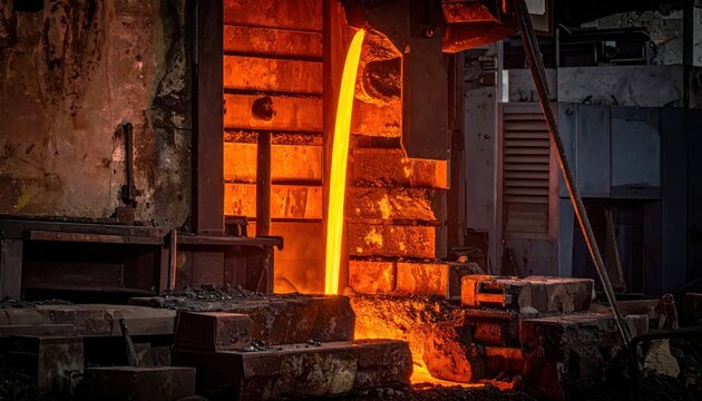 Molten metal pouring from furnace in industrial foundry, glowing orange hot liquid stream