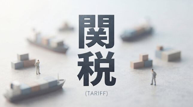 「関税」の文字を配置した国際貿易と物流概念の3Dイラスト