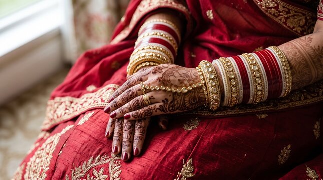 Indian bride displaying traditional henna tattoos, gold bangles, and red bridal chooda during wedding ceremony