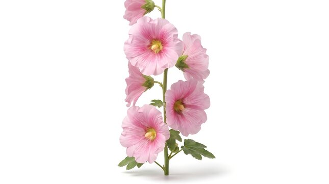 Beautiful pink hollyhock flowers on a tall stem isolated on white background.