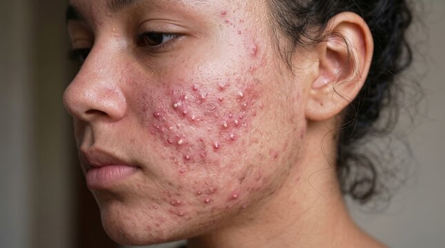 Side Profile of Young Woman with Severe Inflammatory Acne Vulgaris and Pustules on Cheek