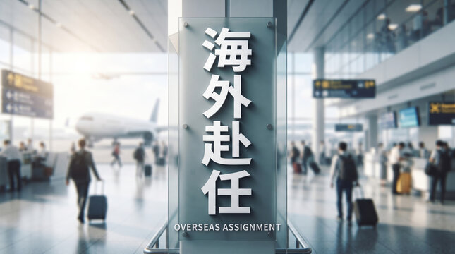 「海外赴任」の文字を配置した空港とビジネスパーソンのコンセプト画像