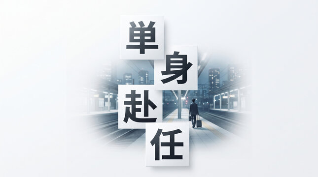 「単身赴任」の文字を配置したビジネスマンの移動イメージ