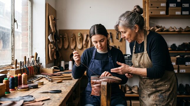 Master shoemaker teaching apprentice leather crafting in a traditional workshop