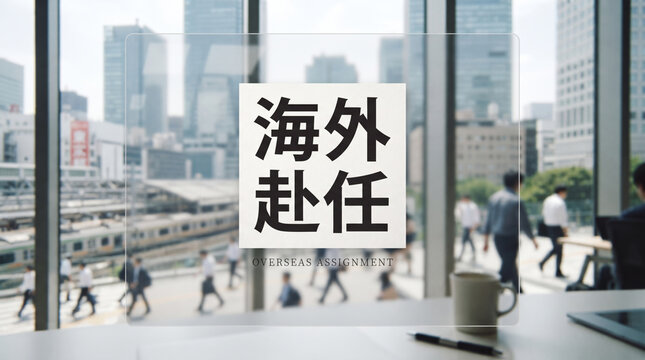 「海外赴任」の文字を配置したオフィスと都市風景のビジュアル素材