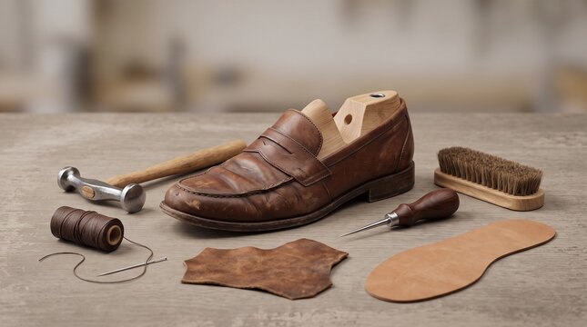 Traditional leather shoe repair and restoration tools on workshop workbench