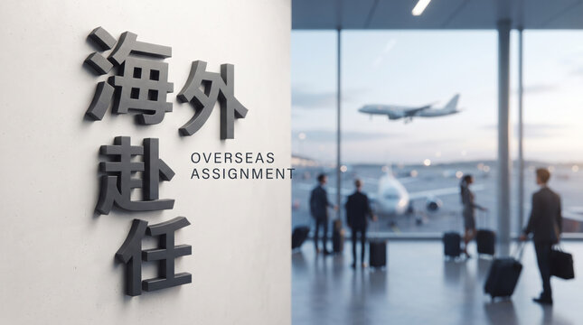 空港ロビーと飛行機を背景に表現した「海外赴任」のコンセプトグラフィック素材