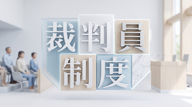 「裁判員制度」の文字を立体的に配置した法廷と市民のイメージ