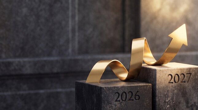 Dynamic 3D Gold Growth Ribbon Leaping from 2026 to 2027 Business Transition Concept