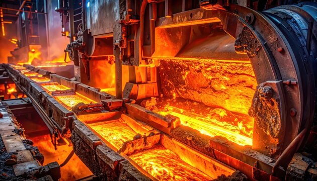 Molten Metal Processing in Industrial Foundry with Glowing Hot Slag and Machinery