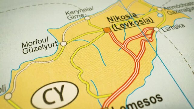 travel route across cyprus to nicosia &ndash; gliding view over atlas map