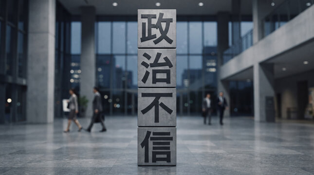 「政治不信」の文字を刻んだ石柱とビジネス街を描いた社会問題のコンセプト画像